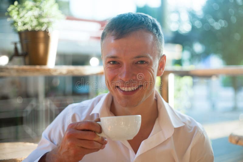 Young Man Enjoy on Coffee Break Stock Photo Image of cheerful, enjoy 95000224
