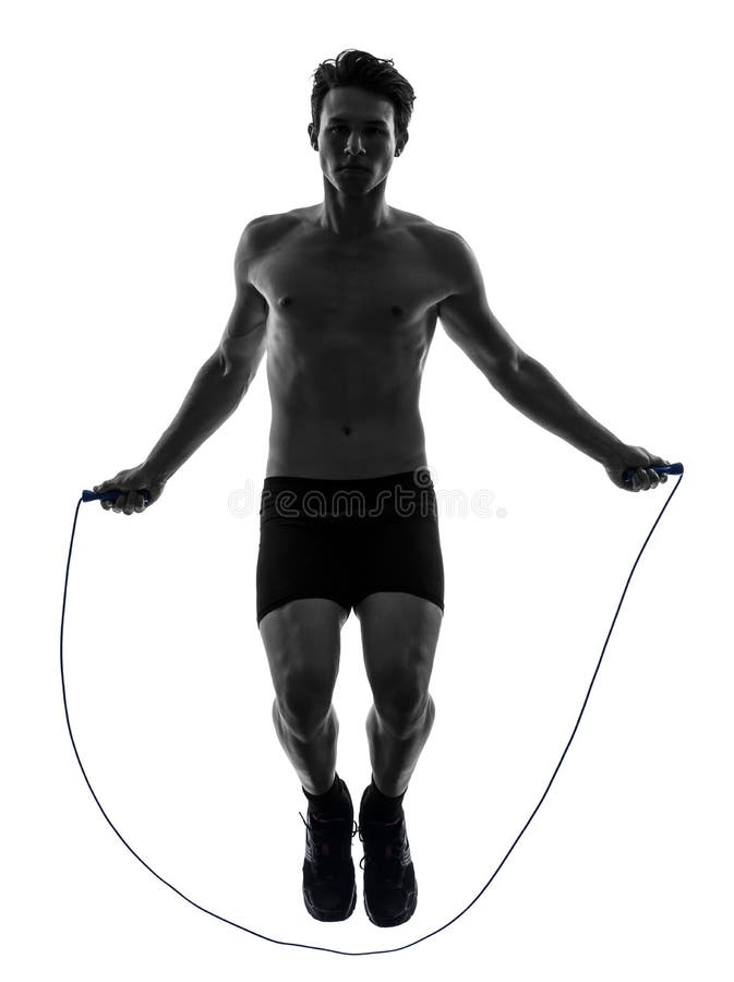 Young man exercising jumping rope silhouette