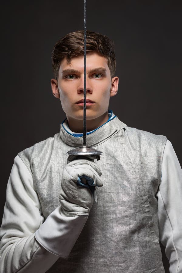 Young Man Fencer in White Fencing Costume Stock Photo - Image of ...