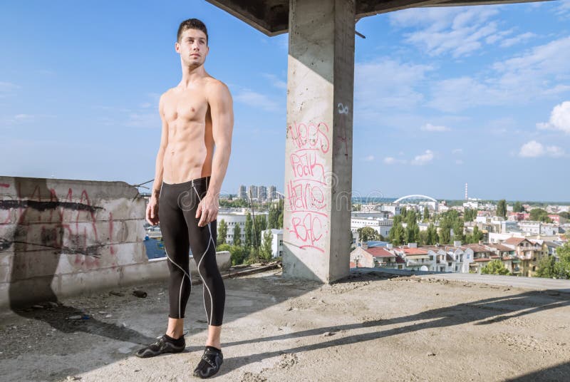 Young Man Fit Abs Muscular Posing Outdoors Sunny Shirtless Stock Photo ...