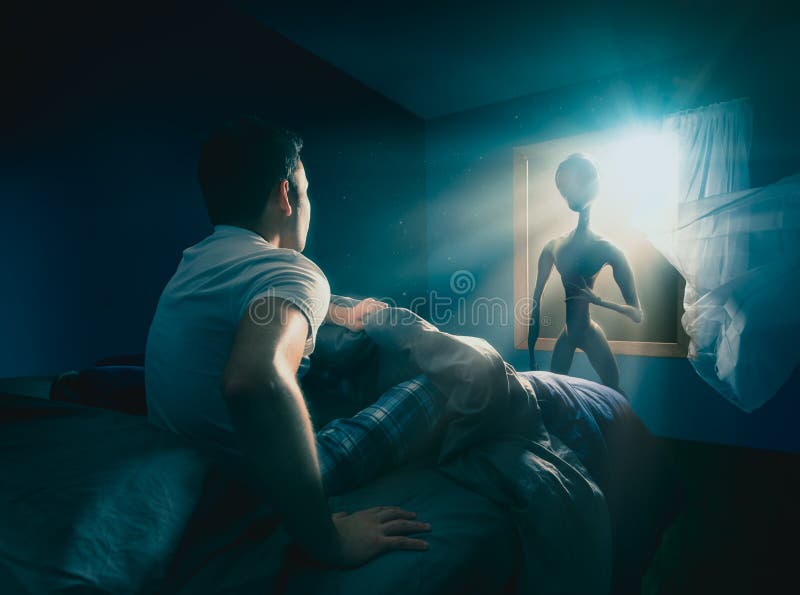 Young man getting abducted by an Alien / high contrast image / 3D elements composited in