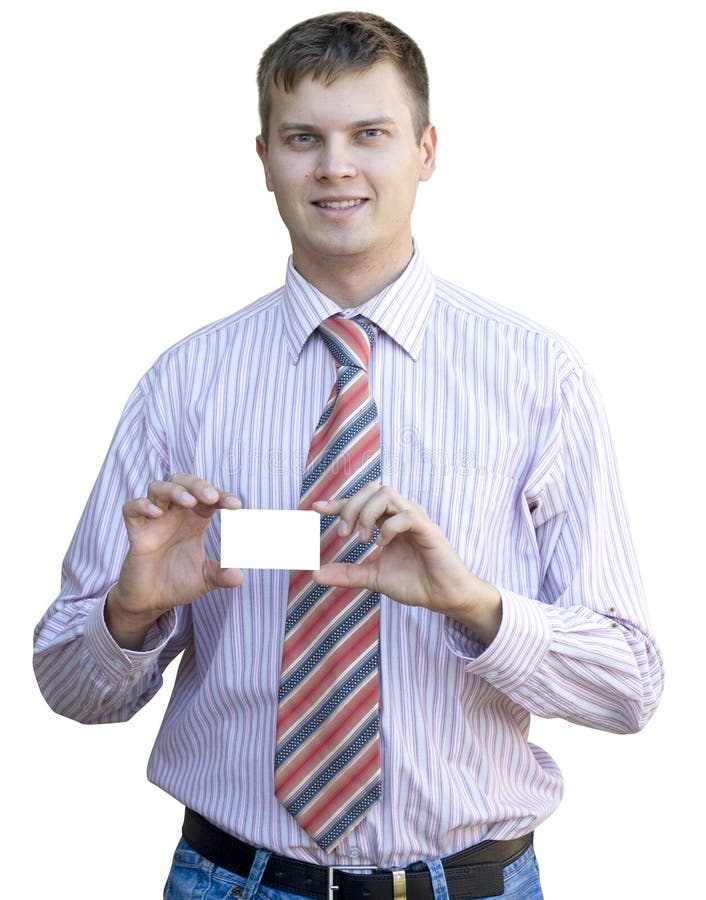 Young man handing a blank business card royalty free stock photos
