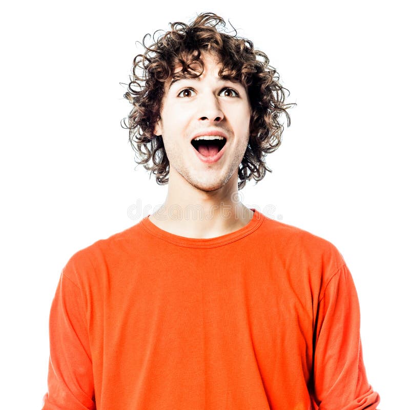 Young man happy looking up portrait