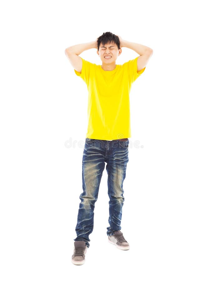 Young man have headache or illness situation over white background