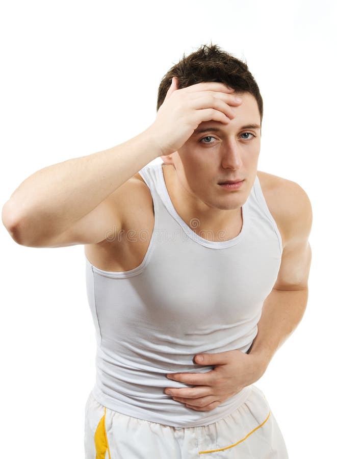 Young man having stomach pain. Isolated over white