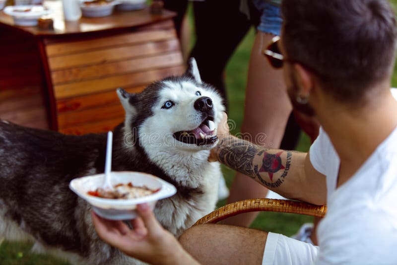 Young man and his dog at barbecue dinner on sunset time