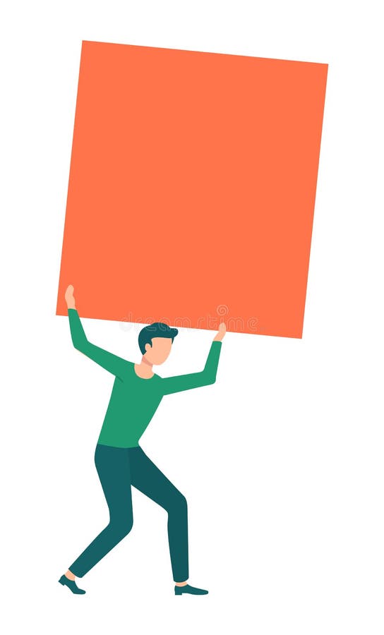 Young Man Holding Big Orange Advertising Poster Stock Vector