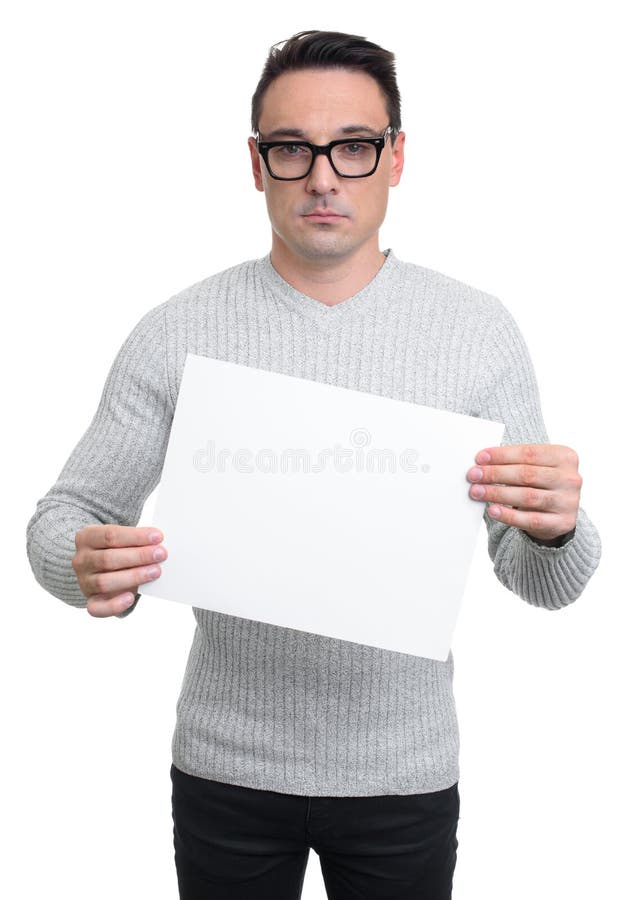 Young man holding a blank white board, isolated