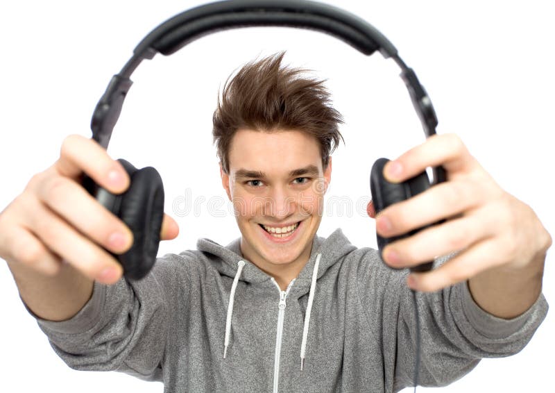 Young Man Holding Headphones Stock Image Image of emotion, leisure