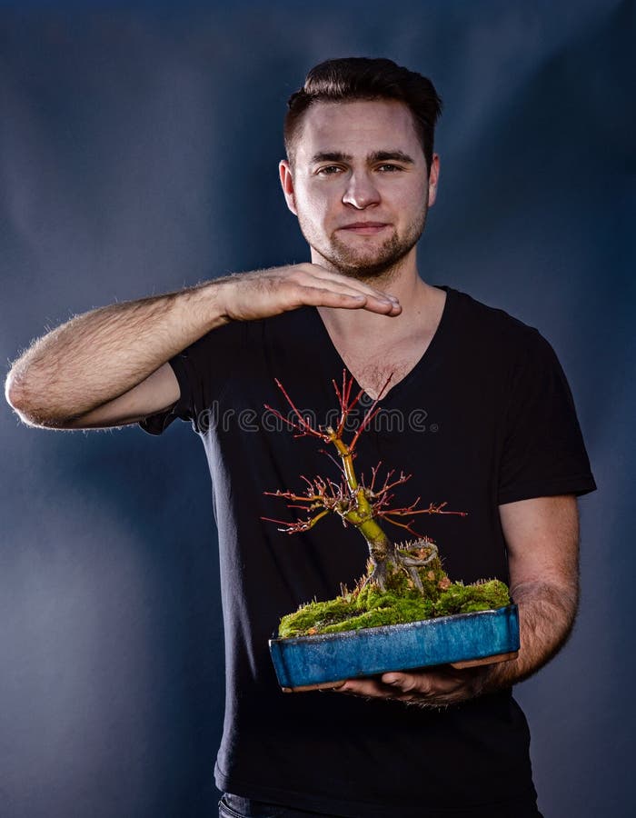 Young Man Holding Japanese Bonsai Tree Stock Image Image of white