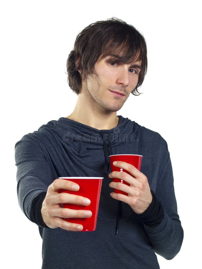 Young Man Holding Plastic Drinking Cups Stock Image Image of beverage