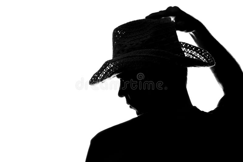Portrait of a old man, in a cowboy hat with feather, with beard, front view  - dark isolated silhouette Stock Photo - Alamy