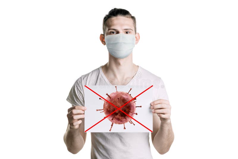 Young man holds a picture of bacteria. The danger of coronavirus. horizontal frame royalty free illustration