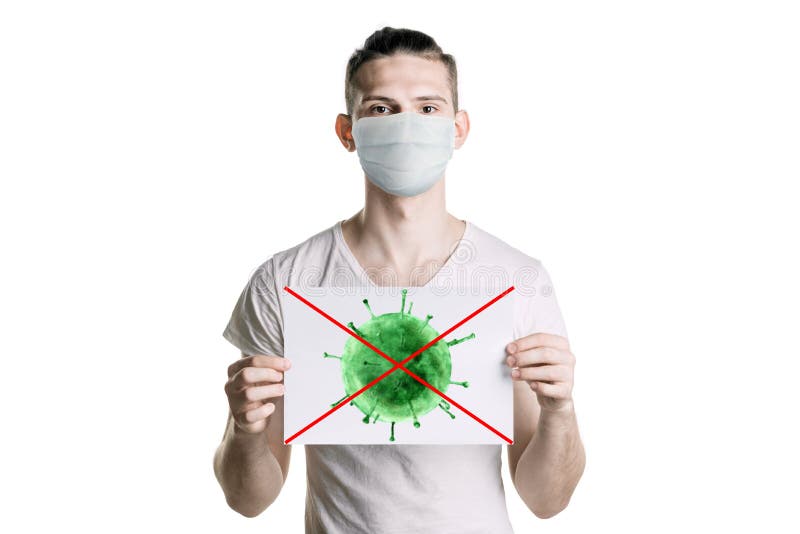 Young man holds a picture of bacteria. The danger of coronavirus. horizontal frame stock illustration