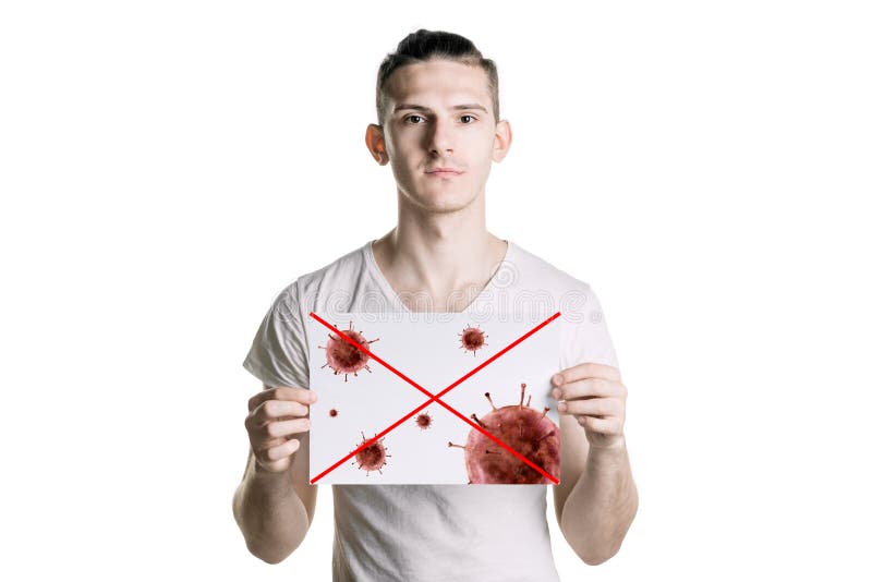 Young man holds a picture of bacteria. The danger of coronavirus. horizontal frame royalty free illustration