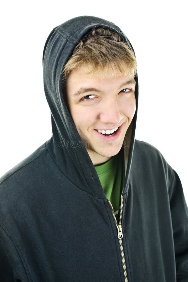 Young Man in Hoodie Looking on Mobile Phone, Texting Against Gradient ...