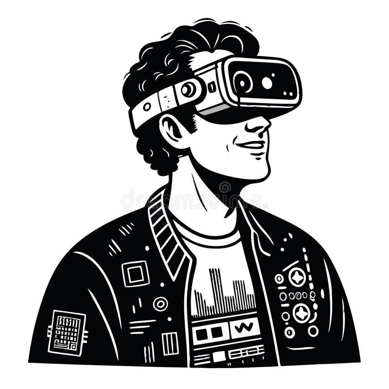 Young Man Indossa una testata virtuale di realtà impegnata in un'esperienza di gioco futuristica royalty illustrazione gratis