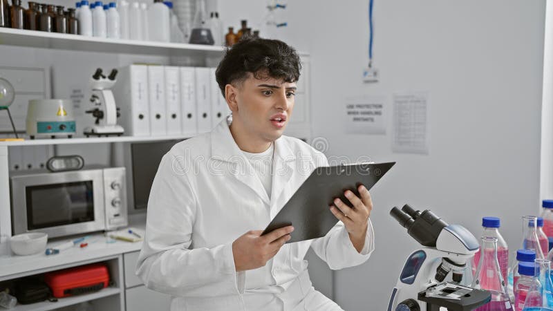 Young man in lab coat examining clipboard with puzzled expression in modern laboratory setting royalty free stock photo