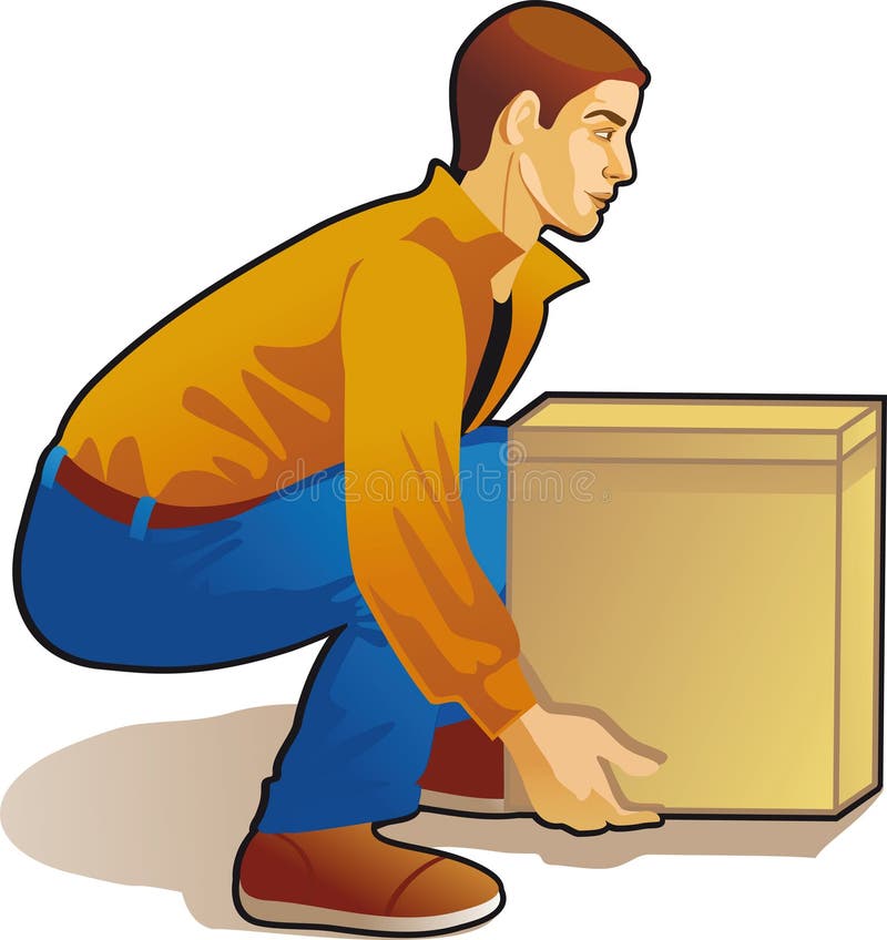 Young man lifting box, colored drawing