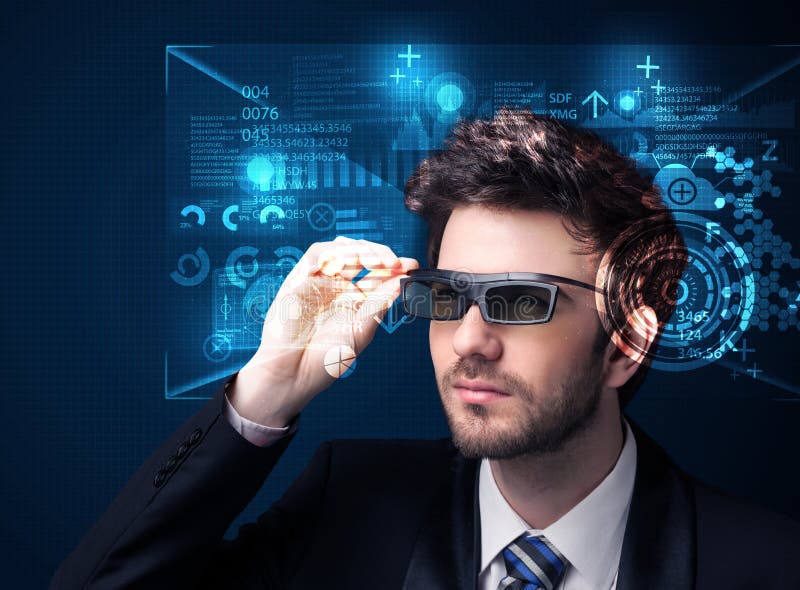 Young man looking with futuristic smart high tech glasses royalty free stock photo Young man looking with futuristic smart high tech glasses royalty free stock photo