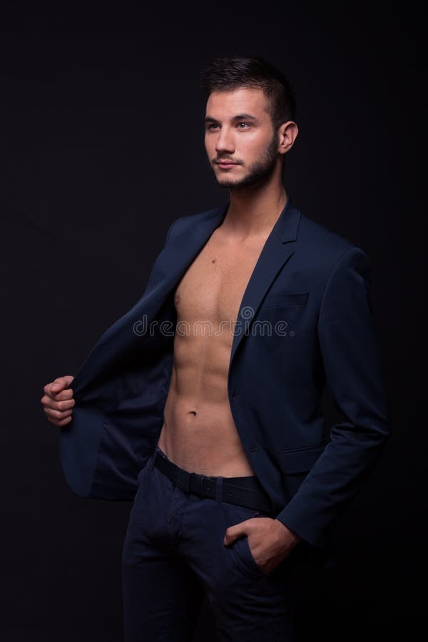 Man Model Showing Abs Fit Slim Body Suit Jacket Elegant Stock Image - Image  of studio, suit: 84500361