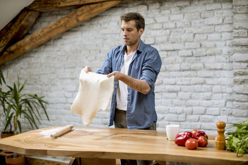 Young Man Making Dough in the Rustic Kitchen Stock Image Image of