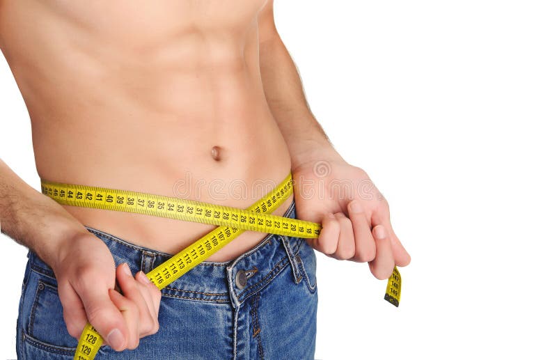 Young man with measuring tape showing his slim body on white background,  closeup Stock Photo by ©NewAfrica 272177214