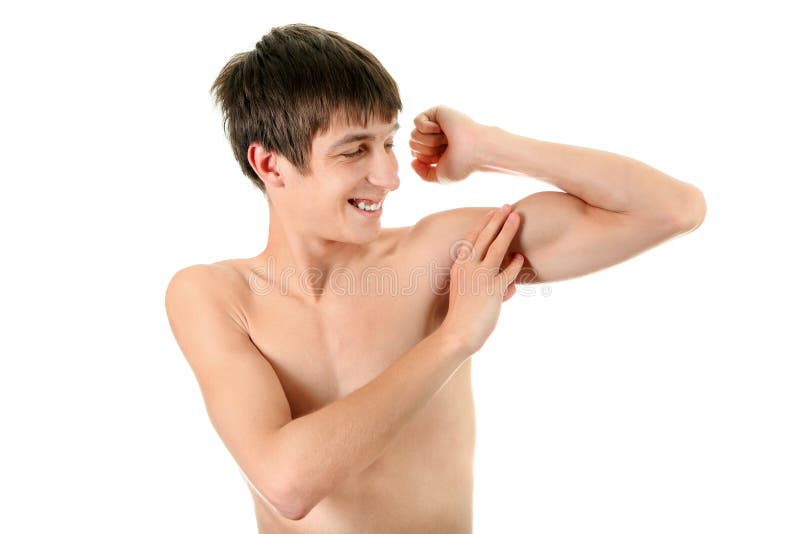 Handsome Young Man Muscle Flexing Isolated on the White Background