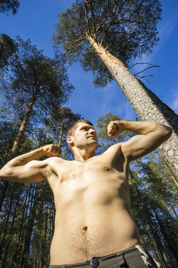 Young man with naked torso against the background of pine trees in the fore...