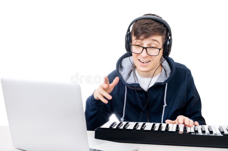 Young Man with Piano Keyboard stock photo
