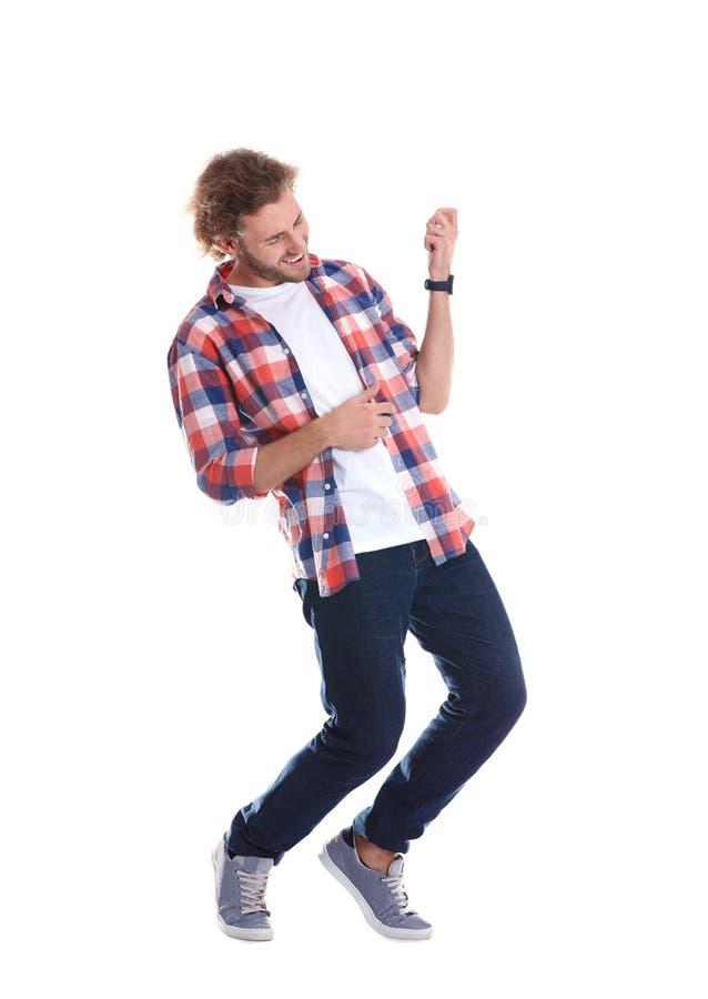 Young man playing air guitar on white