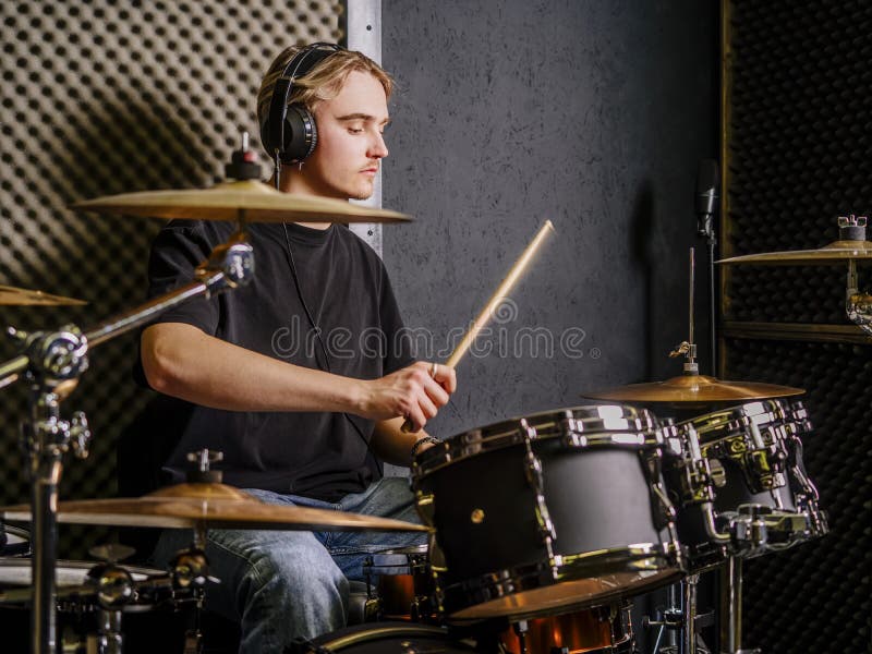 Young Man Playing Drums in a Recording Studio Stock Photo Image of