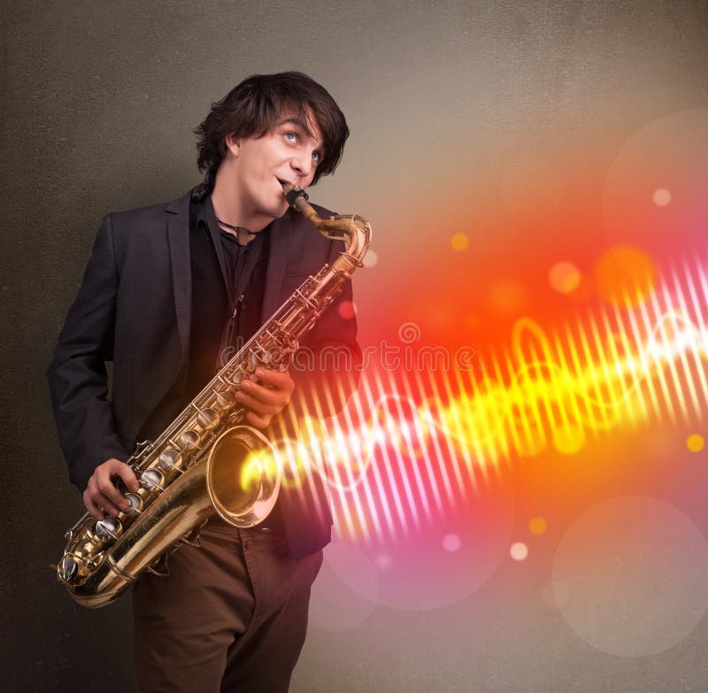 Young Man Playing on Saxophone with Colorful Sound Waves Stock Image