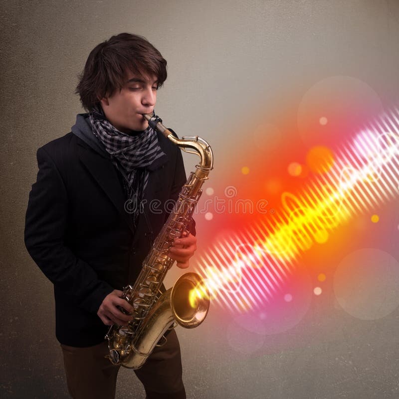 Young Man Playing on Saxophone with Colorful Sound Waves Stock Image