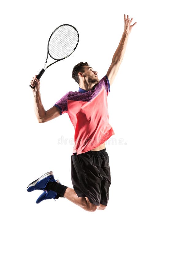 Young man is playing tennis isolated on white