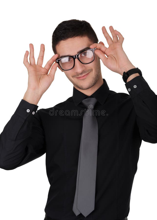 Young Man Putting Glasses on Stock Photo Image of gesture