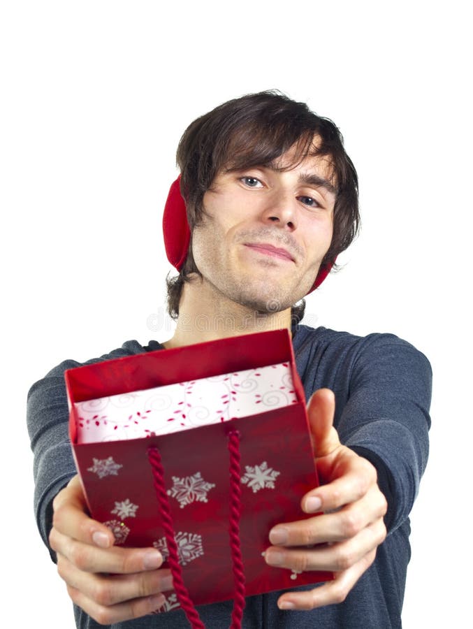 Young Man with a Red Gift Bag Stock Image Image of gift, christmas