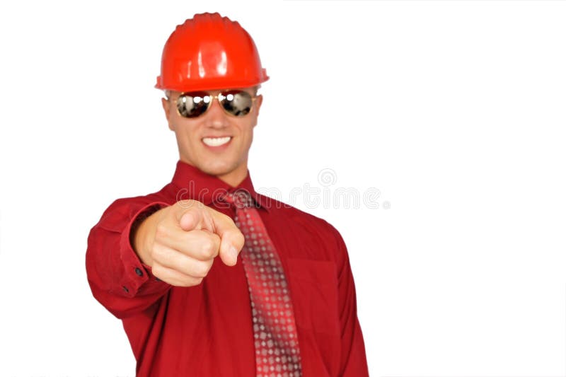 Young man in red protective helmet