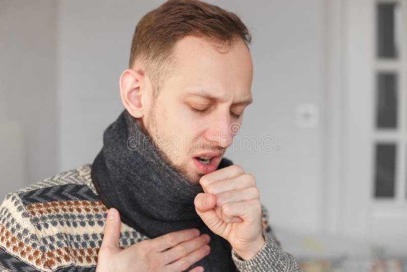 Young Man with Scarf on His Neck is Coughing because of Cold and Sore Throat Stock Image Image