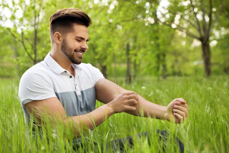 Young man scratching hand. Seasonal allergy royalty free stock images Young man scratching hand. Seasonal allergy royalty free stock images