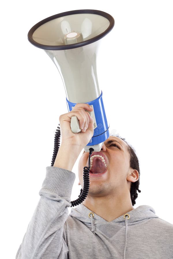 Young man screams excited into megaphone