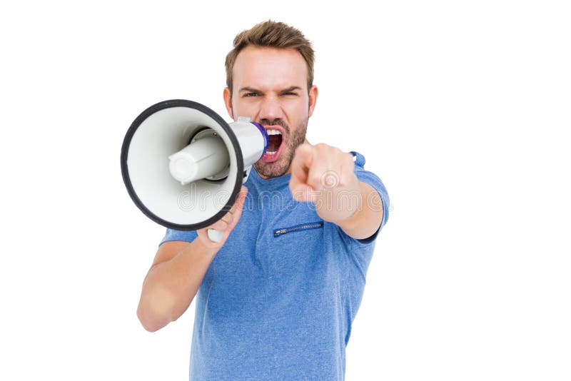 Young man shouting on horn loudspeaker on white background