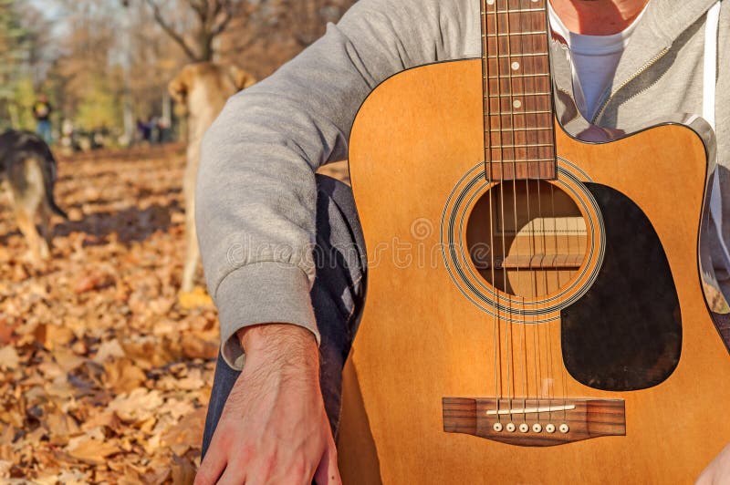 Young man sitting in autumn park on leaves and holding guitar