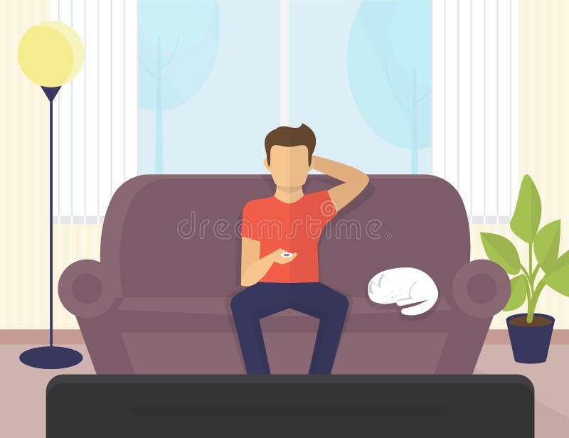 Young man sitting at home on the sofa watching tv and relaxing with cat. Flat illustration of resting at home on couch and spending time watching serials, tv show or sport channels. Young man sitting at home on the sofa watching tv and relaxing with cat. Flat illustration of resting at home on couch and spending time watching serials, tv show or sport channels