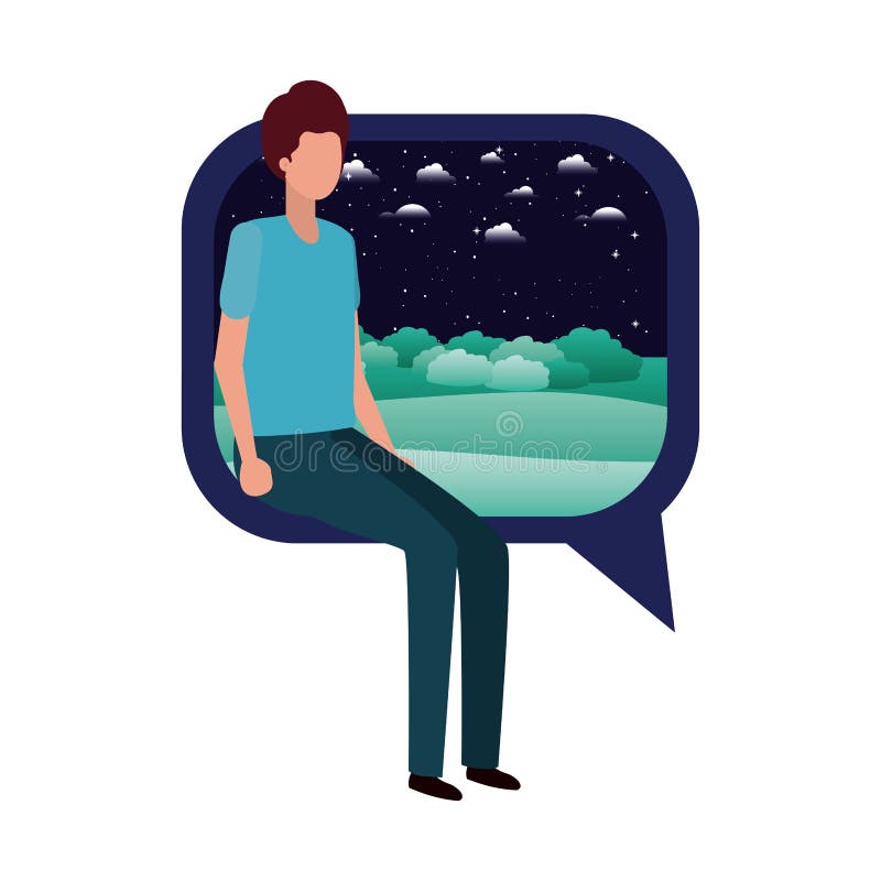 Young Man Sitting on Speech Bubble with Landscape Stock Vector