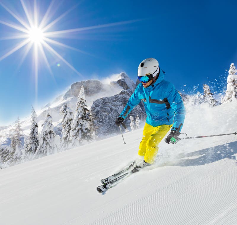 Young Man Skiing Downhill in Alps Stock Photo - Image of freerider ...