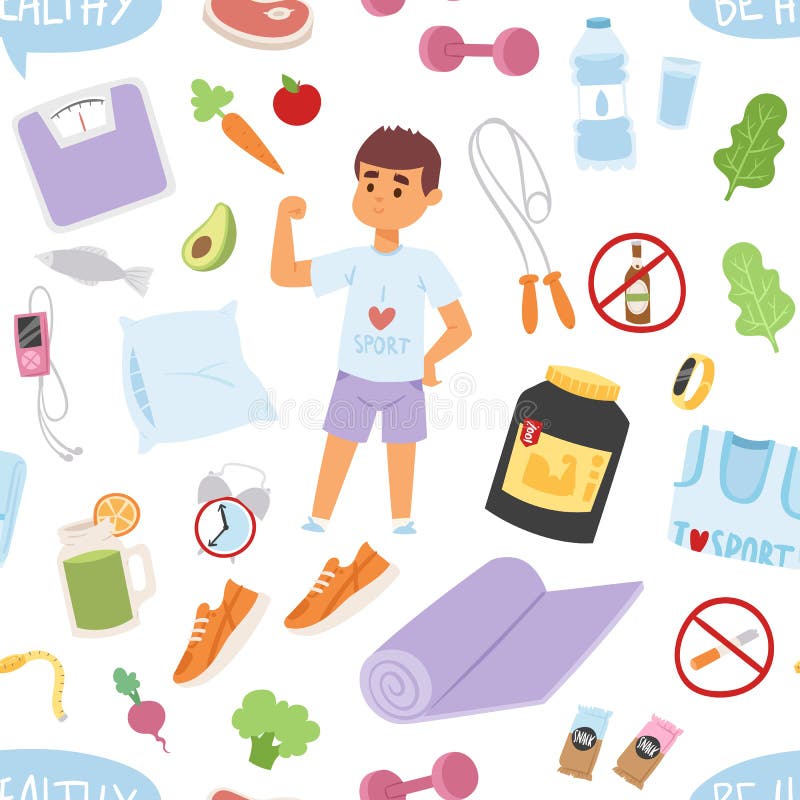 Young man in sports clothing cartoon gym healthy lifestyle seamless pattern royalty free illustration Young man in sports clothing cartoon gym healthy lifestyle seamless pattern royalty free illustration