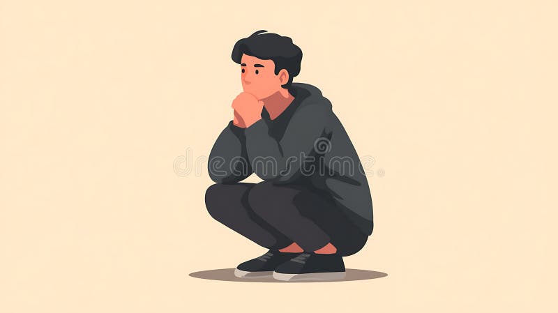 Young Man Squatting Looking Away Thoughtfully Vector Illustration stock illustration