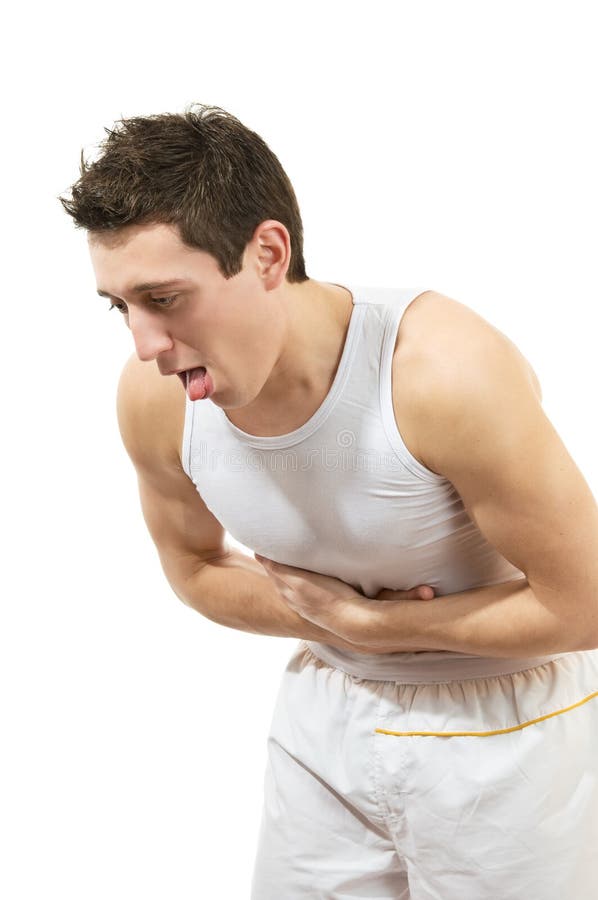 Young man with stomach pain. Isolated over white