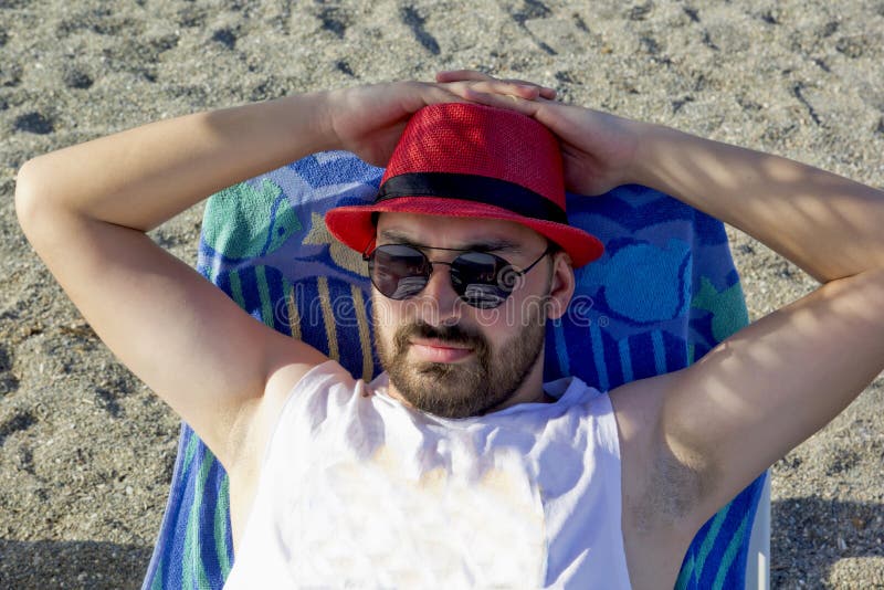 Young Man in Sunglasses on the Beach Stock Photo Image of blue, happy
